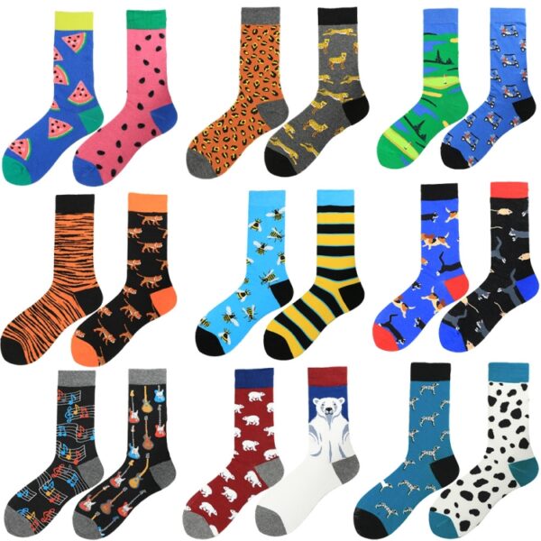 3 Paar trendige, asymmetrische, modische, mittellange, bunte Skateboard-Socken für Herren - Image 3